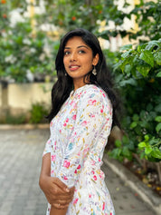 White Floral Printed Kurta Pant Set for Women | Elegant Cotton Ethnic Wear