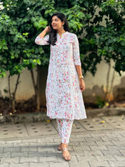 White Floral Printed Kurta Pant Set for Women | Elegant Cotton Ethnic Wear
