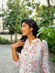 White Floral Printed Kurta Pant Set for Women | Elegant Cotton Ethnic Wear