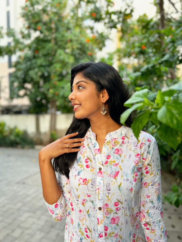White Floral Printed Kurta Pant Set for Women | Elegant Cotton Ethnic Wear