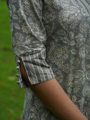 Olive Grey Floral Printed Kurta Pant Set for Women Elegant Cotton Ethnic Wear