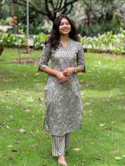 Olive Grey Floral Printed Kurta Pant Set for Women Elegant Cotton Ethnic Wear