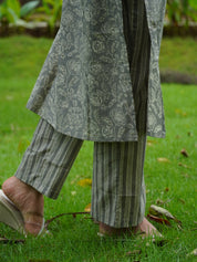 Olive Grey Floral Printed Kurta Pant Set for Women Elegant Cotton Ethnic Wear