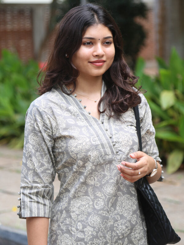 Olive Grey Floral Printed Kurta Pant Set for Women Elegant Cotton Ethnic Wear