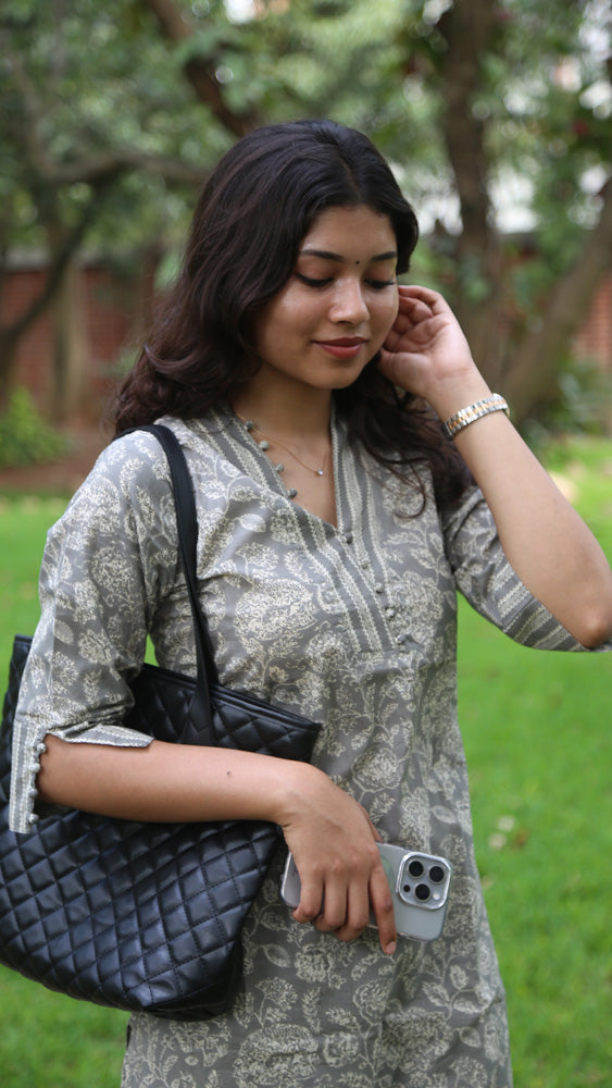 Olive Grey Floral Printed Kurta Pant Set for Women Elegant Cotton Ethnic Wear