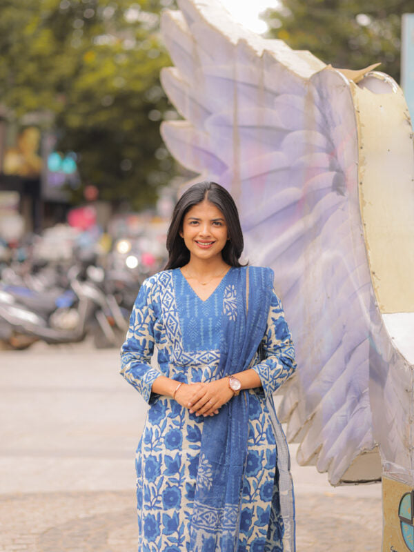 Indigo Blue Printed Kurta Pant Dupatta Set for Women | Elegant Cotton Ethnic Wear