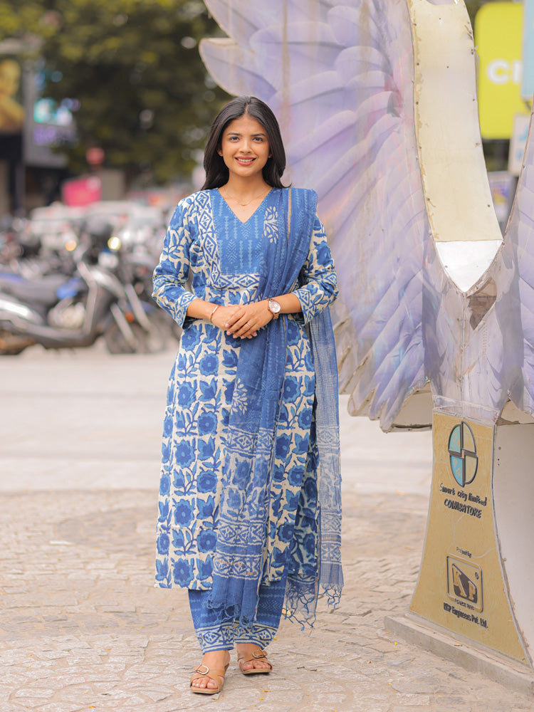 Indigo Blue Printed Kurta Pant Dupatta Set for Women | Elegant Cotton Ethnic Wear