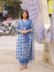 Indigo Blue Printed Kurta Pant Dupatta Set for Women | Elegant Cotton Ethnic Wear