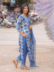 Indigo Blue Printed Kurta Pant Dupatta Set for Women | Elegant Cotton Ethnic Wear