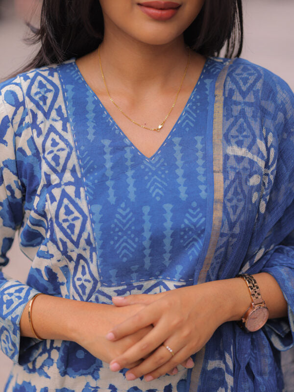 Indigo Blue Printed Kurta Pant Dupatta Set for Women | Elegant Cotton Ethnic Wear