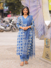 Indigo Blue Printed Kurta Pant Dupatta Set for Women | Elegant Cotton Ethnic Wear