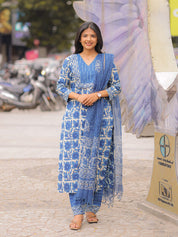 Indigo Blue Printed Kurta Pant Dupatta Set for Women | Elegant Cotton Ethnic Wear