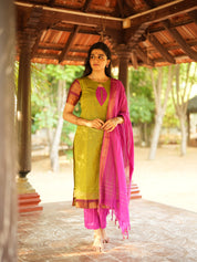 Olive Green & Pink Ethnic Kurta Pant Dupatta Set for Women Traditional Festive Wear