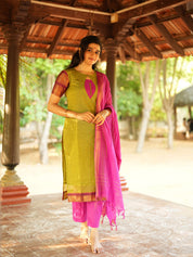 Olive Green & Pink Ethnic Kurta Pant Dupatta Set for Women Traditional Festive Wear