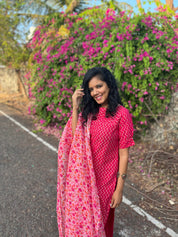 TheHandStitch Pink Zigzag Printed Kurti Set with Floral Dupatta Stylish Ethnic Wear for Women