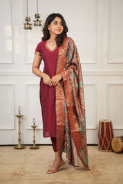 TheHandStitch Maroon Designer Kurta Set for Women with Printed Dupatta Festive Ethnic Wear