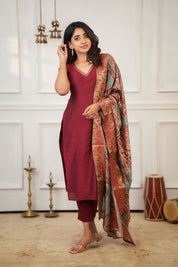 TheHandStitch Maroon Designer Kurta Set for Women with Printed Dupatta Festive Ethnic Wear