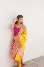 Pink Ethnic Kurta Set for Women with Yellow Banarasi Dupatta Festive Traditional Wear