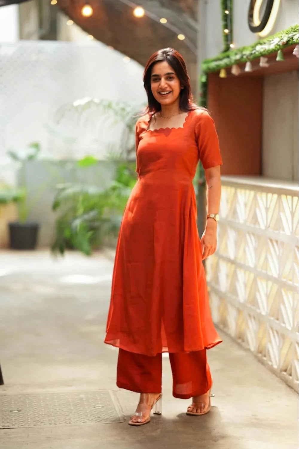 Rust Orange Co Ord Set for Women Elegant Sleeveless Ethnic Fusion Outfit