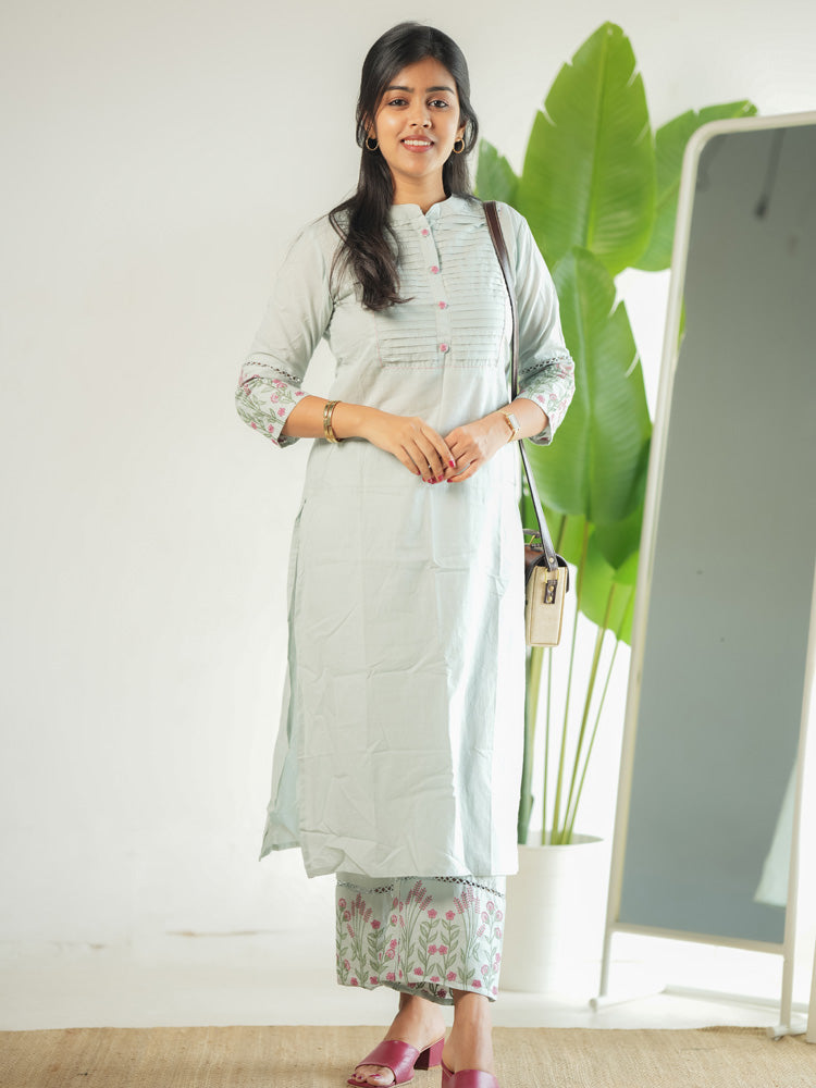 Mint Green Embroidered Kurta Pant Set for Women Elegant Cotton Ethnic Wear