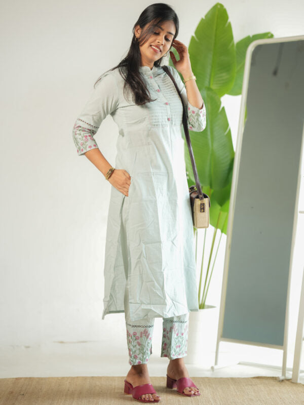 Mint Green Embroidered Kurta Pant Set for Women Elegant Cotton Ethnic Wear