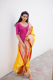 Pink Ethnic Kurta Set for Women with Yellow Banarasi Dupatta Festive Traditional Wear