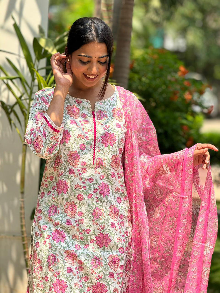 TheHandStitch Floral Printed Kurti Pant Set with Pink Dupatta | Elegant Cotton Ethnic Wear for Women