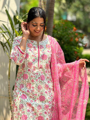 TheHandStitch Floral Printed Kurti Pant Set with Pink Dupatta | Elegant Cotton Ethnic Wear for Women