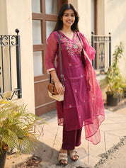 Wine Embroidered Kurta Set with Organza Dupatta for Women Elegant Festive Ethnic Wear
