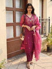 Wine Embroidered Kurta Set with Organza Dupatta for Women Elegant Festive Ethnic Wear