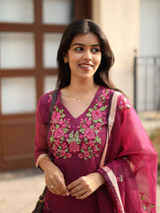 Wine Embroidered Kurta Set with Organza Dupatta for Women Elegant Festive Ethnic Wear