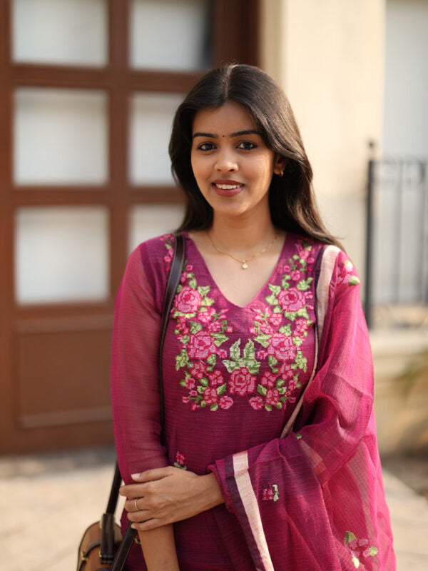 Wine Embroidered Kurta Set with Organza Dupatta for Women Elegant Festive Ethnic Wear