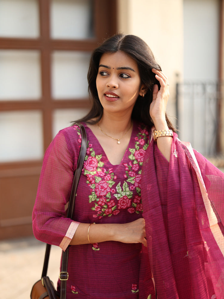 Wine Embroidered Kurta Set with Organza Dupatta for Women Elegant Festive Ethnic Wear