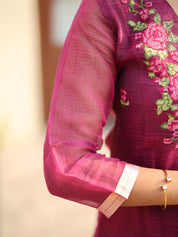 Wine Embroidered Kurta Set with Organza Dupatta for Women Elegant Festive Ethnic Wear