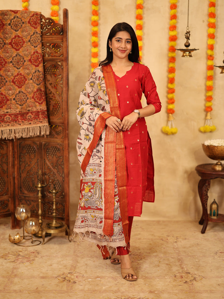 TheHandStitch Ruby Red Designer Kurti Set with Kalamkari Printed Dupatta Festive Ethnic Wear for Women