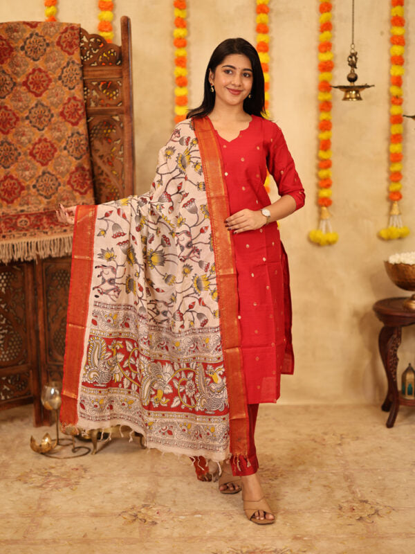 TheHandStitch Ruby Red Designer Kurti Set with Kalamkari Printed Dupatta Festive Ethnic Wear for Women