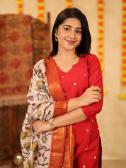 TheHandStitch Ruby Red Designer Kurti Set with Kalamkari Printed Dupatta Festive Ethnic Wear for Women