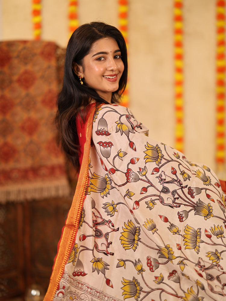 TheHandStitch Ruby Red Designer Kurti Set with Kalamkari Printed Dupatta Festive Ethnic Wear for Women