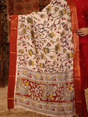 TheHandStitch Ruby Red Designer Kurti Set with Kalamkari Printed Dupatta Festive Ethnic Wear for Women