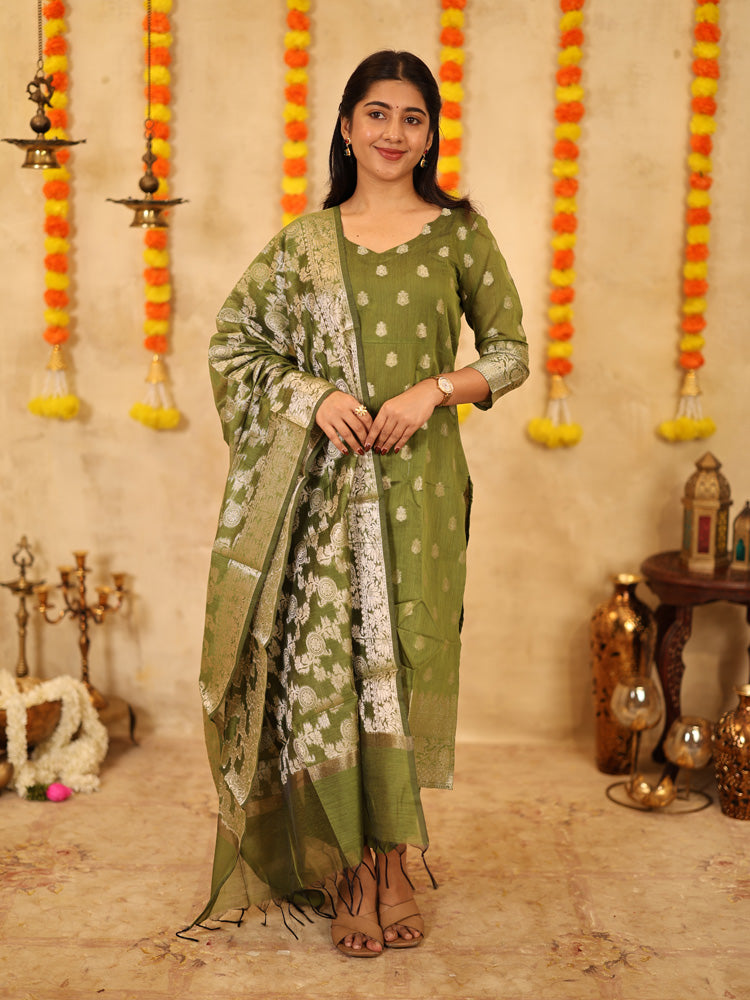 Olive Green Festive Kurta Set with Woven Dupatta for Women Traditional Ethnic Wear