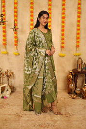 Olive Green Festive Kurta Set with Woven Dupatta for Women Traditional Ethnic Wear