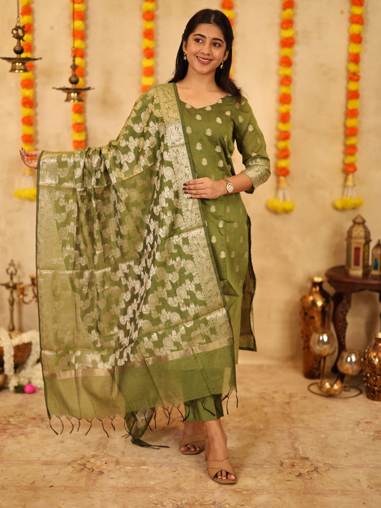 Olive Green Festive Kurta Set with Woven Dupatta for Women Traditional Ethnic Wear