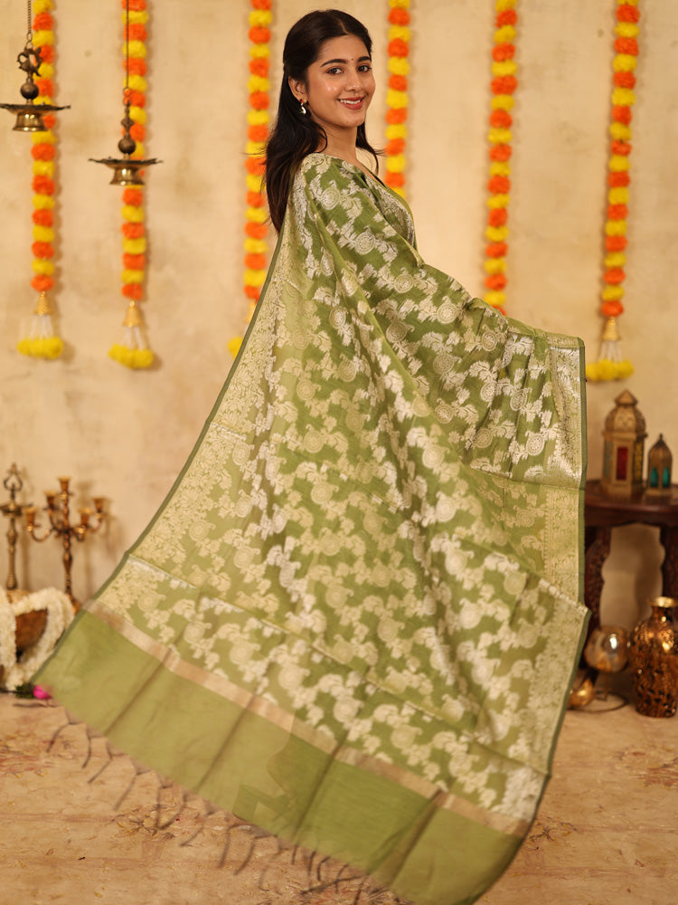 Olive Green Festive Kurta Set with Woven Dupatta for Women Traditional Ethnic Wear