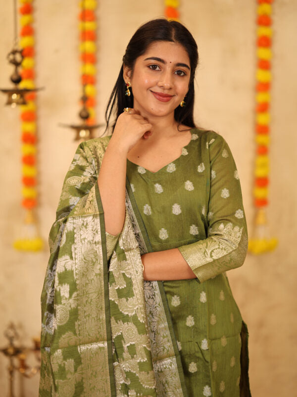 Olive Green Festive Kurta Set with Woven Dupatta for Women Traditional Ethnic Wear