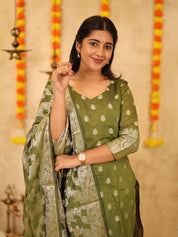 Olive Green Festive Kurta Set with Woven Dupatta for Women Traditional Ethnic Wear