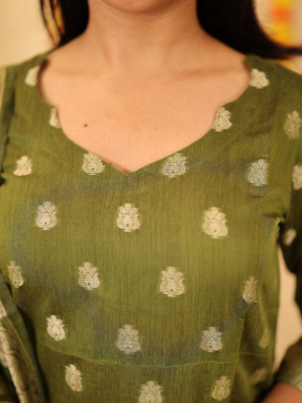 Olive Green Festive Kurta Set with Woven Dupatta for Women Traditional Ethnic Wear