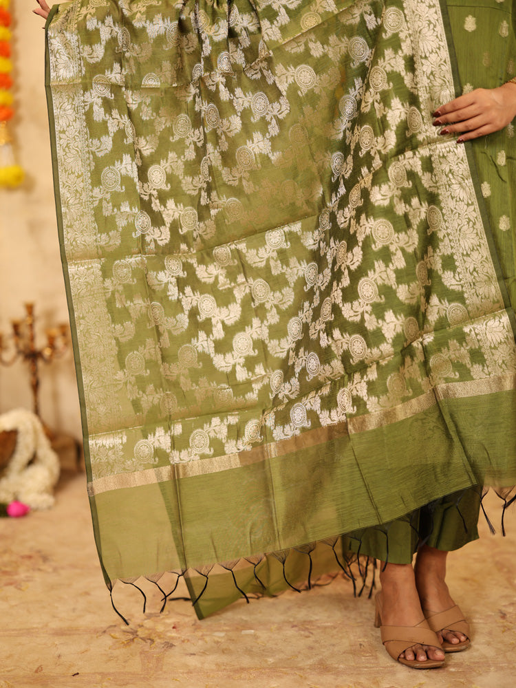 Olive Green Festive Kurta Set with Woven Dupatta for Women Traditional Ethnic Wear