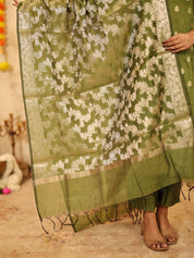 Olive Green Festive Kurta Set with Woven Dupatta for Women Traditional Ethnic Wear