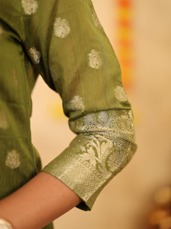 Olive Green Festive Kurta Set with Woven Dupatta for Women Traditional Ethnic Wear