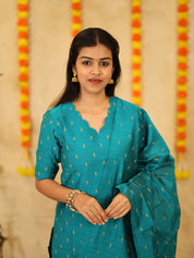 Teal Blue Festive Kurta Set with Woven Dupatta for Women Elegant Ethnic Wear